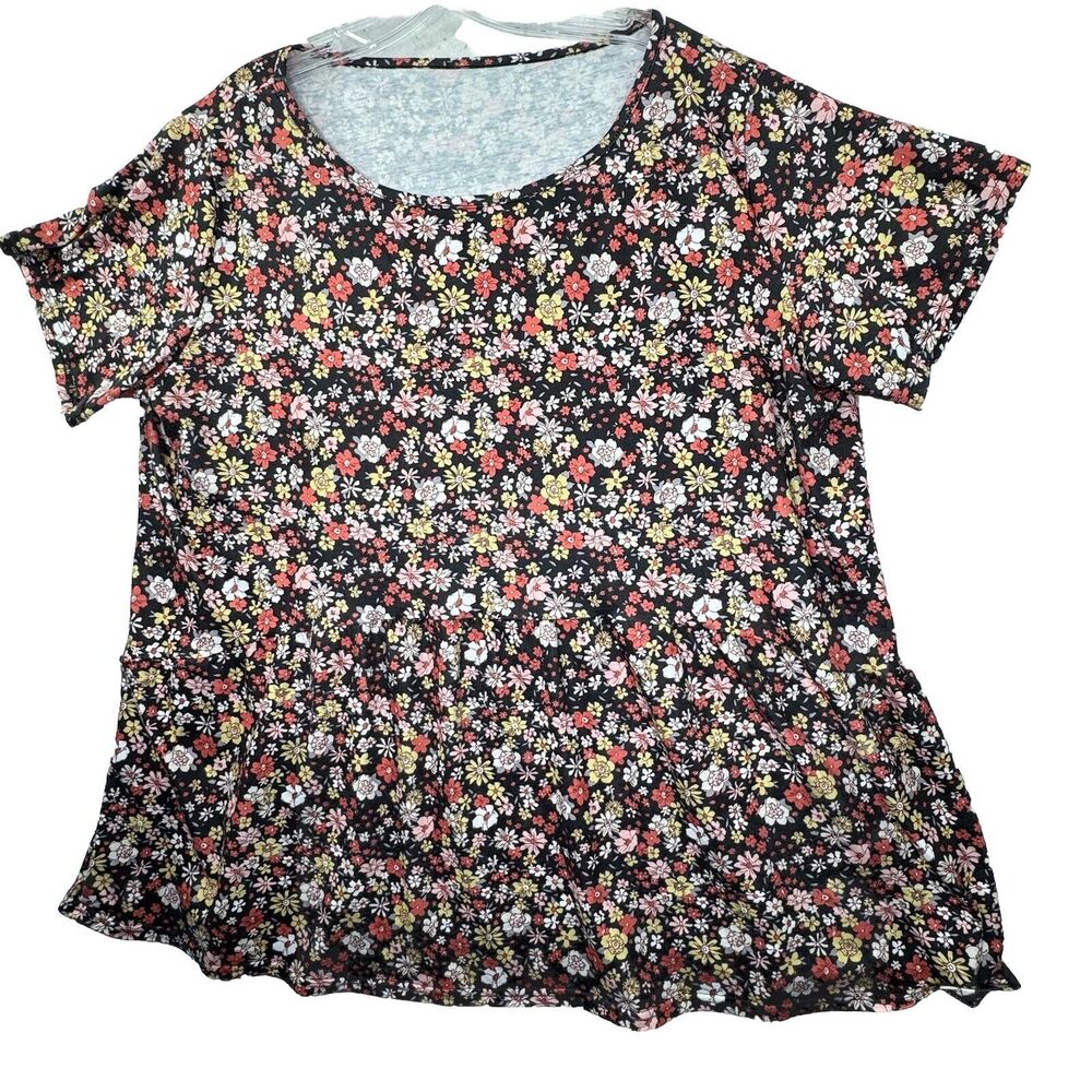 Hibluco Boho Grey Floral Print Womens Plus XXL Blouse SS Top Stretch 2XL